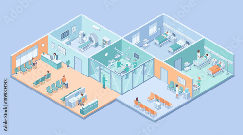 Isometric Hospital Interior Illustration with Medical Staff, Patients, Operating Room and MRI Scanner for Healthcare Infographic or Presentation