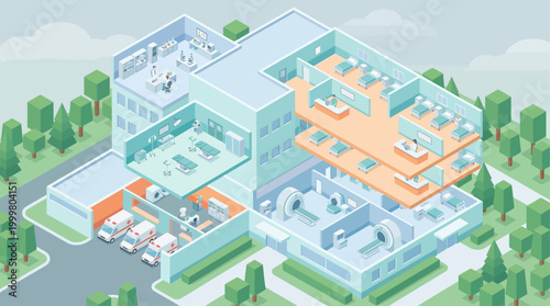 Isometric Hospital Building Cross-Section with Medical Staff, Emergency Room, and Diagnostic Equipment for Healthcare Infographic or Presentation Design
