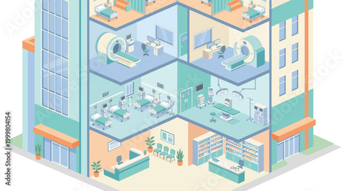 Isometric Hospital Building Cutaway with Medical Departments, MRI Scanner, Surgery Room, and Pharmacy for Healthcare Infographics and Corporate Presentations