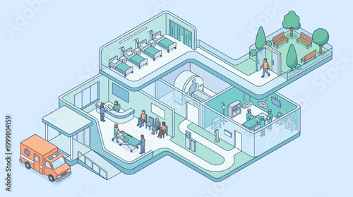 Isometric Hospital Building Interior Infographic with Medical Staff, Operating Room, and Ambulance for Healthcare Presentation
