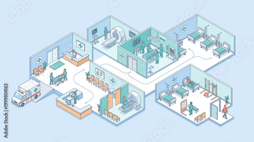 Isometric Hospital Facility Layout with Medical Staff and Patients, Flat Vector Illustration for Healthcare Infographics and Digital Health Presentations