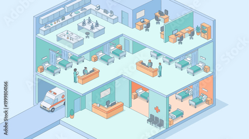 Isometric Hospital Building Cross-Section with Medical Staff, Emergency Ambulance, and Patient Wards for Healthcare Presentation Design