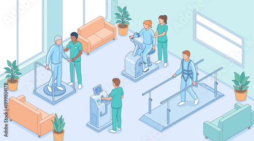 Isometric Physical Therapy Rehabilitation Center with Patients and Therapists, Medical Recovery and Physiotherapy Clinic Concept for Healthcare Presentation