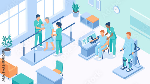 Isometric Hospital Rehabilitation Center with Physiotherapists Helping Patients with Physical Therapy and Medical Recovery Equipment for Healthcare Infographics