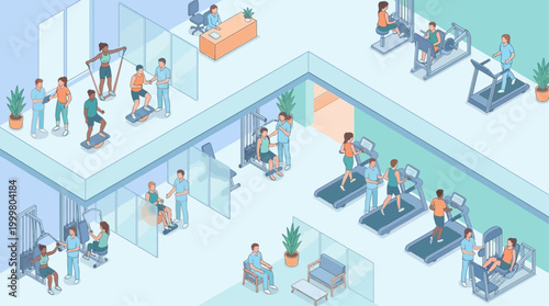 Isometric Hospital Physical Therapy and Rehabilitation Center with Patients Exercising and Medical Staff Assistance