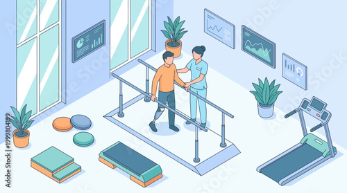 Isometric Physical Therapy Clinic with Patient Using Prosthetic Leg and Physiotherapist, Medical Rehabilitation Concept for Healthcare Infographics and Web Design