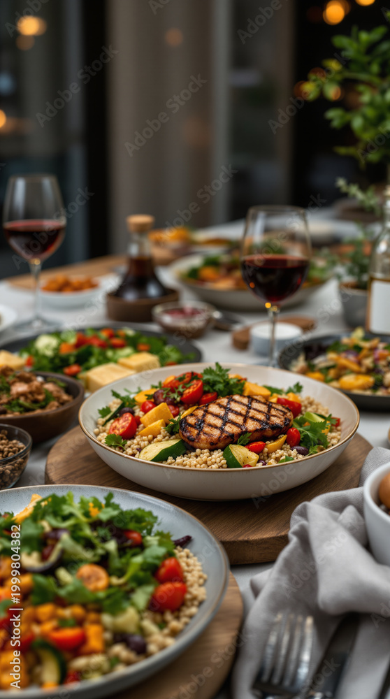 Obraz premium Flexitarian dinner table variety with colorful salads and wine
