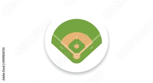 Baseball field aerial view, a top-down perspective of the diamond shape, showing the pitcher's mound and bases, set against a green outfield