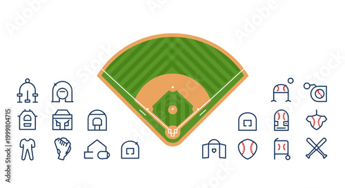 Extensive vector icon set illustrating various baseball game equipment, field elements, and player gear, ideal for sports branding and digital applications