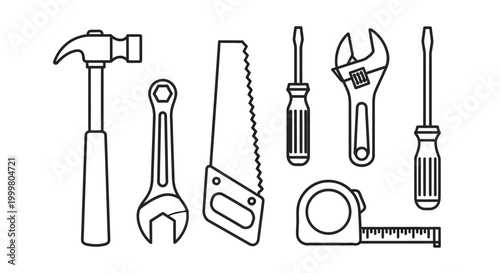 Essential Hand Tools Line Art Icon Set for Construction, Repair, and DIY Projects. Featuring Hammer, Wrench, Saw, Screwdriver, Tape Measure.