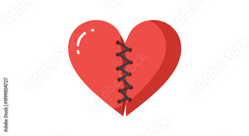 Vibrant red heart icon, meticulously repaired with neat black stitches, signifying resilience, love's endurance, and the profound process of emotional healing after hardship and separation