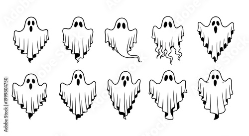Collection of Simple White Ghost Illustrations for Halloween and Spooky Themes