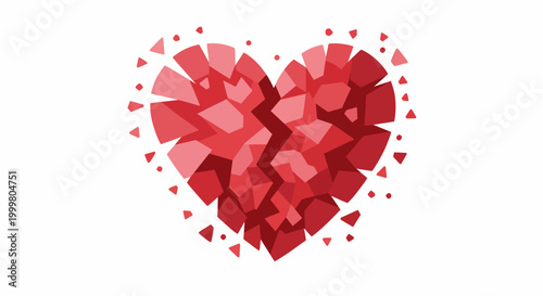 Shattered geometric heart design symbolizing heartbreak, loss, and emotional pain, with red shards abstractly representing a broken relationship or profound feeling of sadness