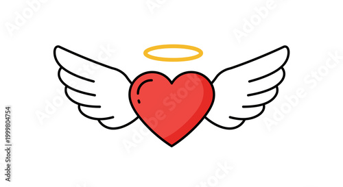Stylized graphic of a vibrant red heart adorned with elegant white wings and a golden halo, symbolizing divine love, purity, and spiritual affection