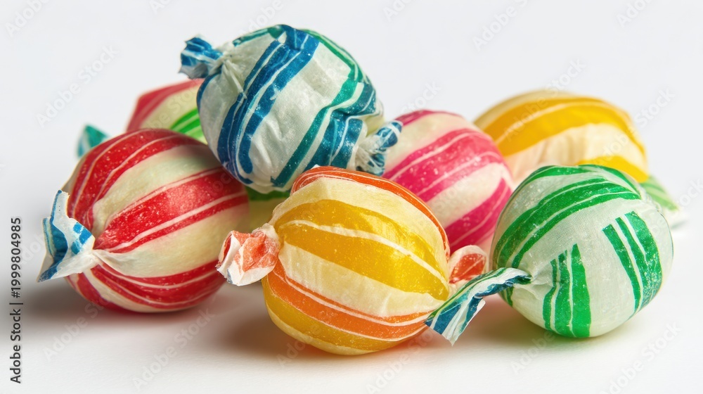 Fototapeta premium Colorful striped hard candies wrapped in shiny paper with twisted ends, scattered on a white surface, displaying bright colors and glossy texture