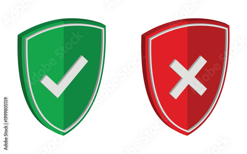PrintTwo shields are displayed side by side. The left shield is green with a white checkmark, symbolizing approval or success. The right shield is red with a white cross, representing denial or failur