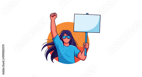 Woman holding protest sign and fist up.