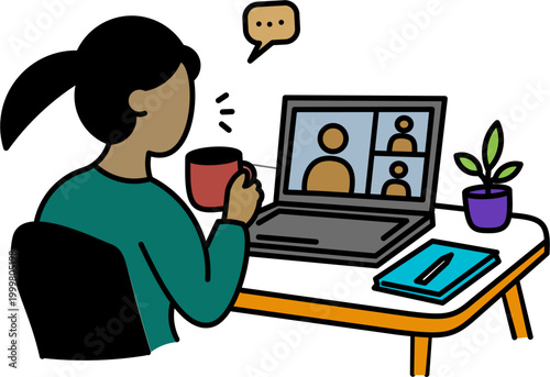 Woman having video call holding mug. Relaxed remote work flat illustration