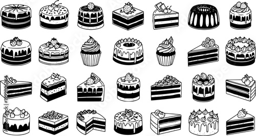 Black and White Line Art of Various Cakes and Pastries, Food Industry Stock Asset