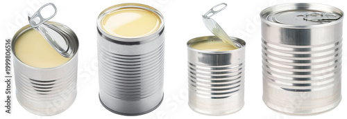 Foto Shiny metal cans of sweet condensed milk, some open and ready for use, isolated on a transparent background