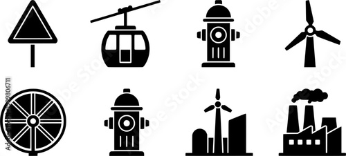Visual representation of various public utility and industrial infrastructure elements including a warning sign cable car fire hydrants water treatment plant and wind turbine for graphic