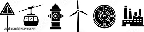 Visual representation of various public utility and industrial infrastructure elements including a warning sign cable car fire hydrants water treatment plant and wind turbine for graphic