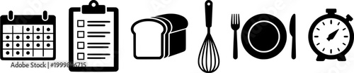 Essential black glyph icons for everyday planning, cooking, baking, and dining concepts, useful for web design, app interfaces, and print materials.
