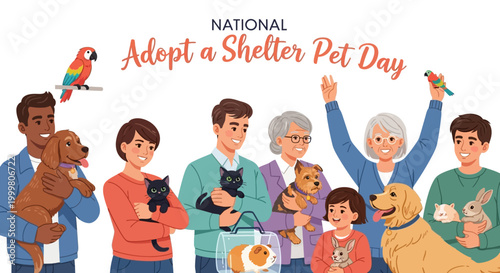 A diverse group of people celebrating Adopt a Shelter Pet Day with their rescued pets in a colorful vector illustration promoting pet adoption and animal welfare, set against a clean white