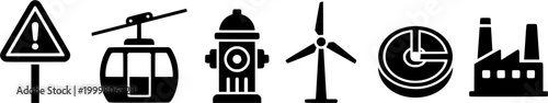 Visual representation of various public utility and industrial infrastructure elements including a warning sign cable car fire hydrants water treatment plant and wind turbine for graphic