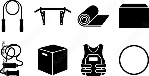 Comprehensive collection of essential fitness equipment icons including jump rope pull up bar mat plyo box and weighted vest for gym and home workout graphic needs
