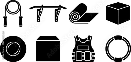 Comprehensive collection of essential fitness equipment icons including jump rope pull up bar mat plyo box and weighted vest for gym and home workout graphic needs