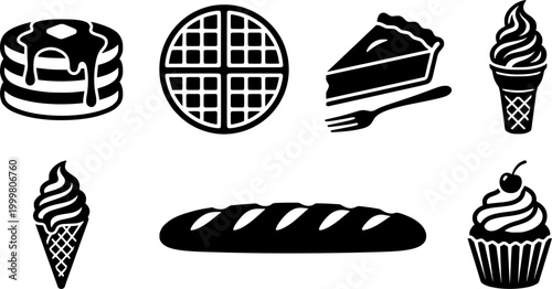 Handdrawn outline set of various popular bakery, breakfast, and dessert items including pancakes, waffle, cake, donut, croissant, ice cream, and bread.