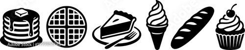 Handdrawn outline set of various popular bakery, breakfast, and dessert items including pancakes, waffle, cake, donut, croissant, ice cream, and bread.