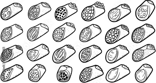 Food Industry Black and White Line Art Collection of Hand-Drawn Italian Cannoli Pastries - Sweet Desserts Vector Set