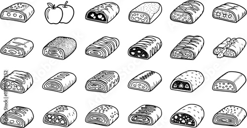 Food Baked Goods and Pastries Outline Icons Set. Hand-Drawn Black and White Strudel, Sweet Rolls, and Apples Collection. Dessert Doodle Elements.