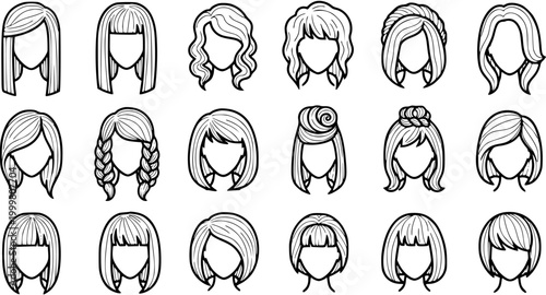 Black and White Line Art of Various Woman Hairstyles, Vector Icons