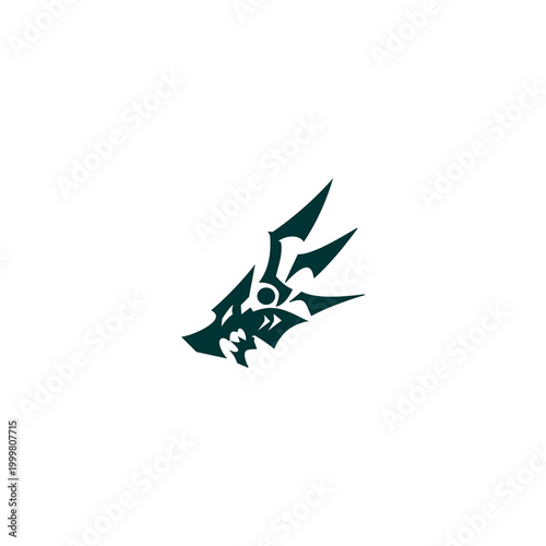 A sharp, aggressive, and highly stylized wolf head logo rendered in dark teal. The design uses jagged, blade-like shapes and negative space to create a fierce, modern look.