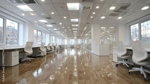 Modern open-plan office interior with white chairs and large windows reflecting natural light