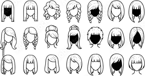 Women's Hairstyles Line Art Icons Set. Diverse Female Haircuts and Hairdos in Black and White Outline Style for Beauty, Fashion, and Personal Care Industry.