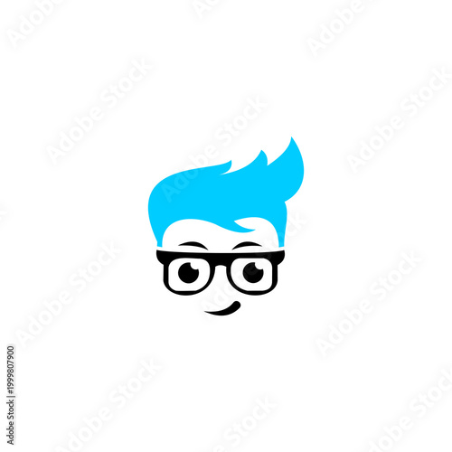 A flat vector illustration of a stylized male face. The character has spiky, bright blue hair swept to one side, thick black-rimmed geek glasses, and large, expressive eyes.