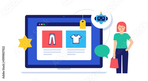 Online shopping interface displaying clothing items on a laptop screen with a shopper.