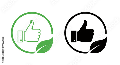 Thumbs Up Icon with Leaf Motif in Green and Black Circles, Representing Approval and Nature.