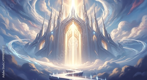 Ethereal glowing citadel rests above a winding pathway surrounded by swirling clouds
