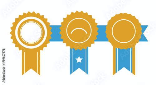 Three award ribbons with gold medals and blue ribbons displayed for achievement and celebration.