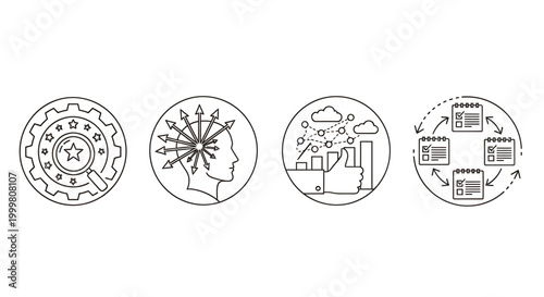 Set of four circular line icons representing technology, network, commerce, and circuitry in a modern design.