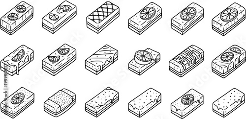 Black and White Line Art Vector Illustrations of Various Decorated Rectangular Cakes and Pastries