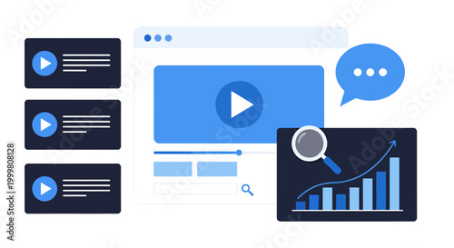 Digital analytics dashboard with video player and charts for interface design and data visualization.