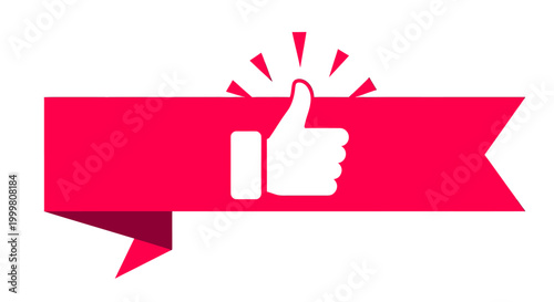 Bright pink ribbon banner with a white thumbs up icon on a plain white background.