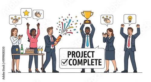 Business team celebrating project completion success.