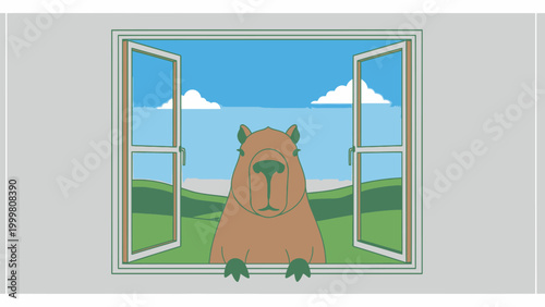 Bear Standing on Window Sill Illustration.